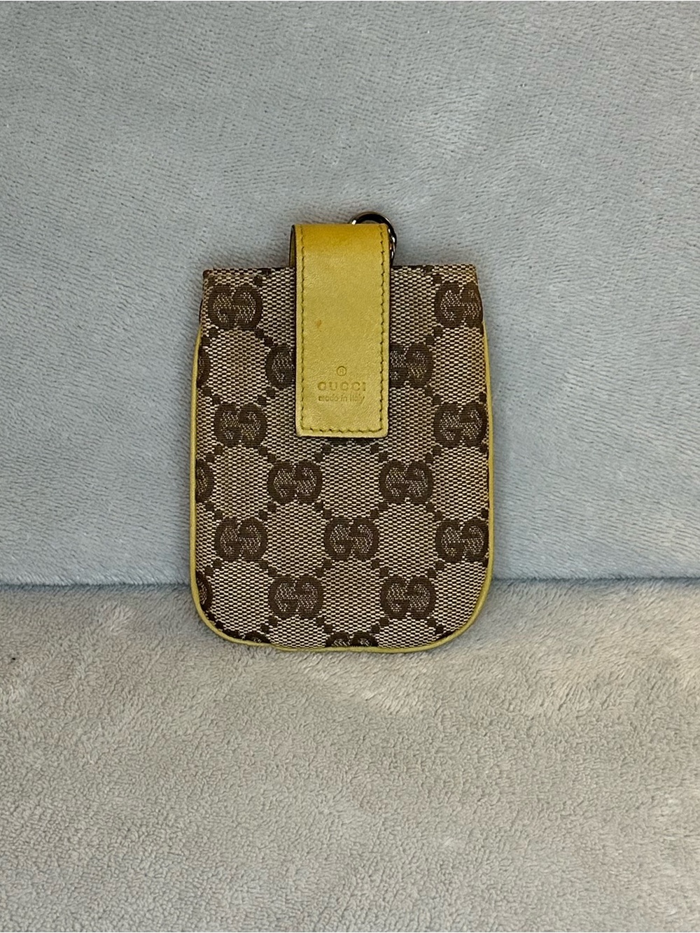 Gucci GG Canvas Mini Pouch Bag Charm Yellow Leather Clip